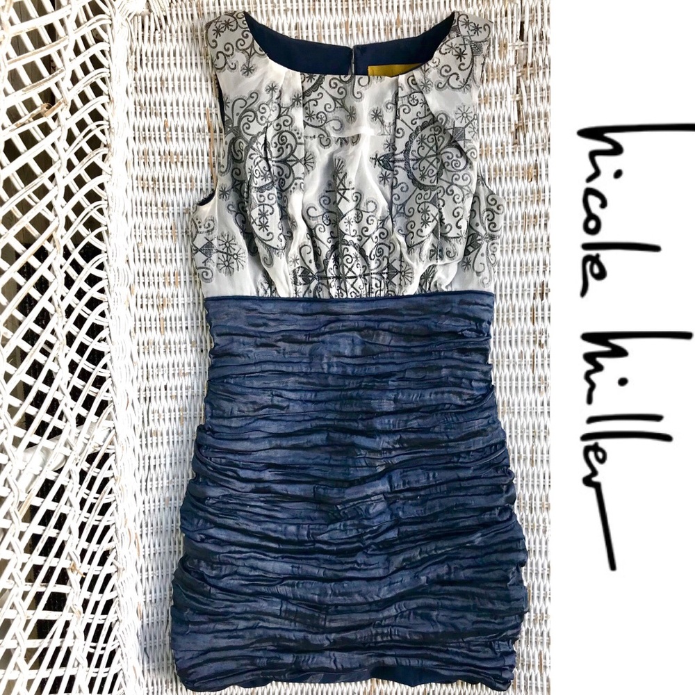 {Nicole Miller} Techno Metal Ruched Designer Party Dress • Size 6